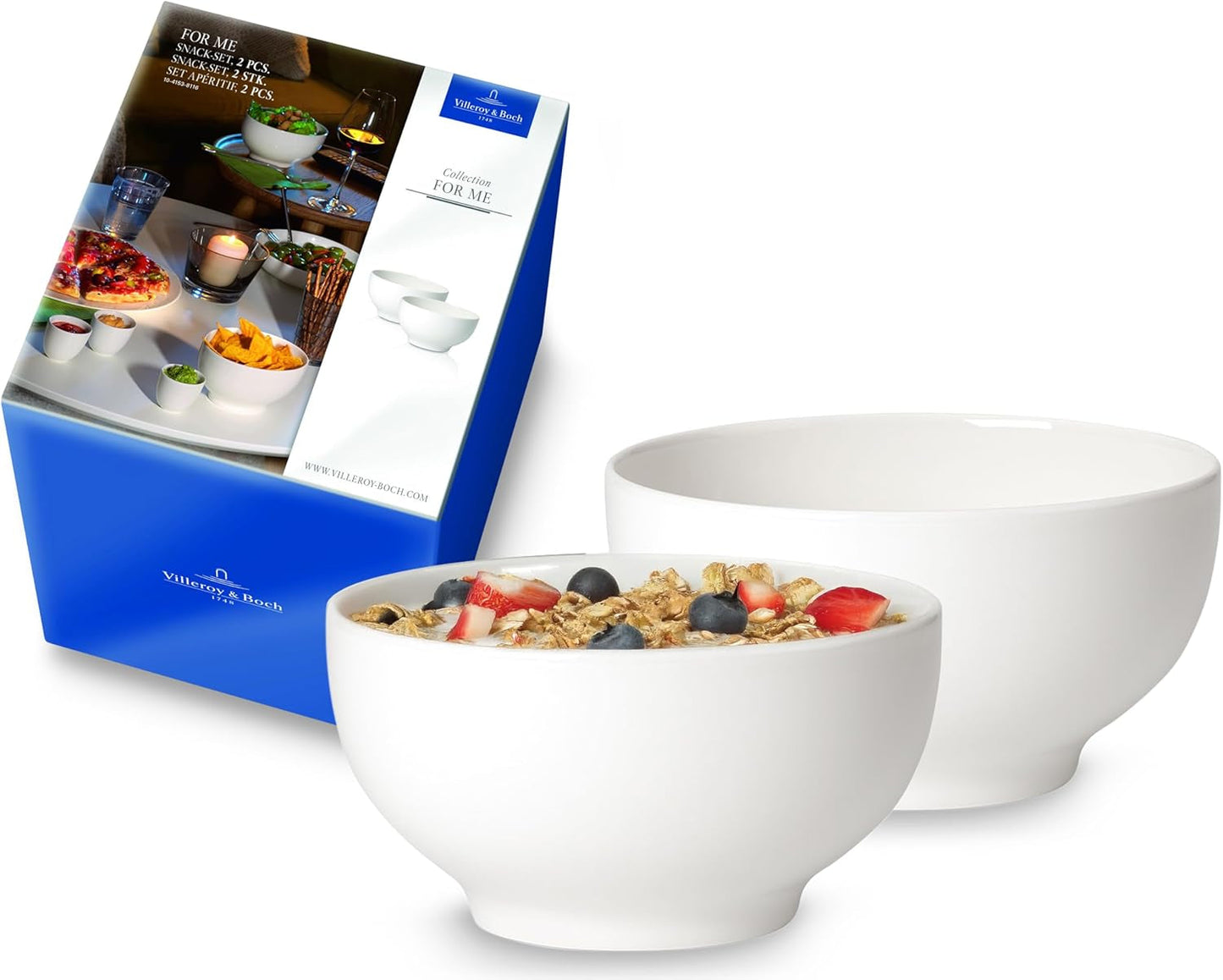 Villeroy & Boch For Me Ciotole per Cereali Set da 2, Bianco, Lavabili in Lavastoviglie, Utilizzabili nel Microonde, Ciotole Piccole per 2, Ciotole, Ciotole per Cereali, Snack o Salse, Piatto, Porcellana Premium