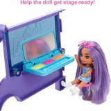 Barbie Extra Mini Minis, bambola Extra Mini Minis con furgone da turismo extra glitter, inclusa postazione trucco e accessori per spettacoli, regalo per bambini, giocattolo dai 3 anni in su, HKF84