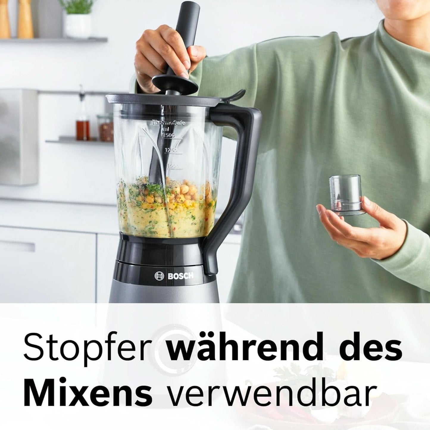 Robot da cucina Bosch Vitapower Serie 4 MMB6177S, Edelstahl-Klingen Made in Germany, bicchiere in vetro Thermosafe da 1,5 l, fiaschetta To-Go da 0,6 l, stopfer, zerkleinerer universale, 30.000 giri/min, 1200 W, Argento Kitchen Naty Shop