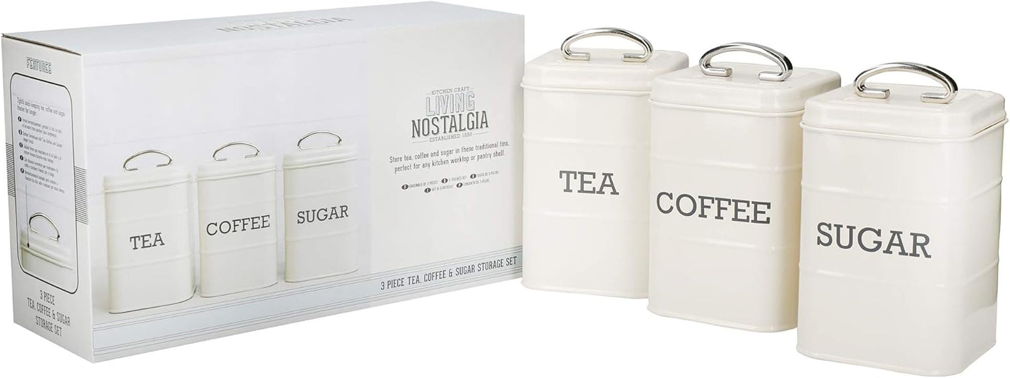 KitchenCraft Living Nostalgia Set di 3 barattoli per tè, zucchero e caffè in confezione regalo, Acciaio, Crema anticata, 11 cm x 11 cm x 17 cm, Scatole per alimenti blu vintage Naty Shop