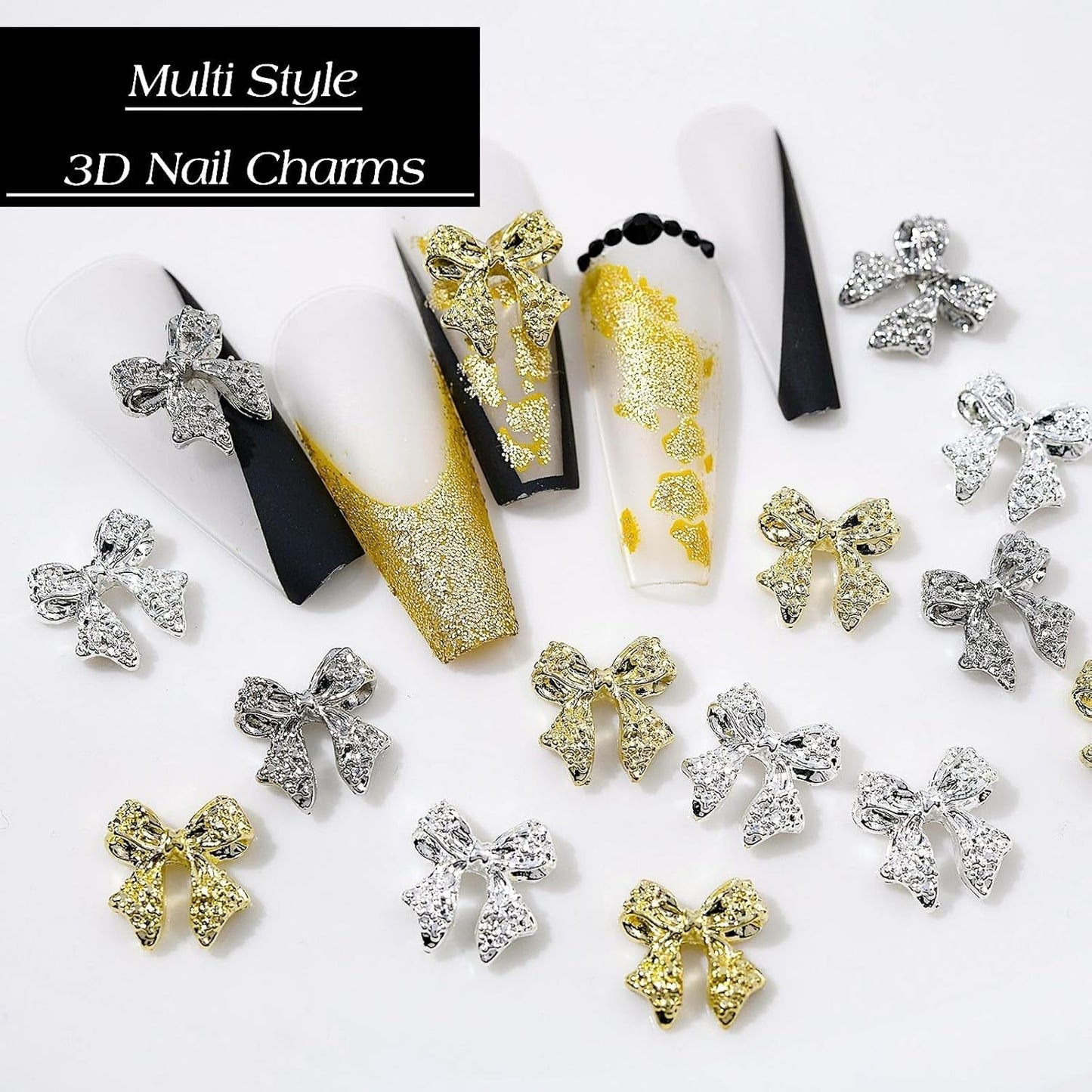 30 fiocchi per unghie in metallo, fiocchi color oro argento grigio, accessori per unghie, decorazioni per unghie per donne e ragazze, design per nail art