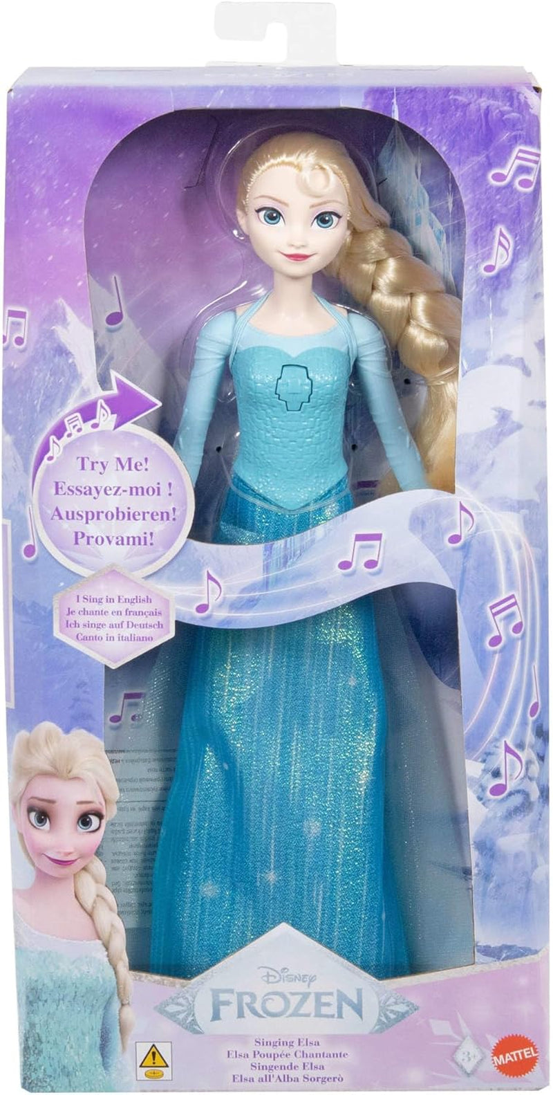 Mattel Toys Disney Frozen Elsa, bambola canterina in abito iconico, canta "Let It Go" dal film Disney in inglese, francese, tedesco, italiano, JDL58
