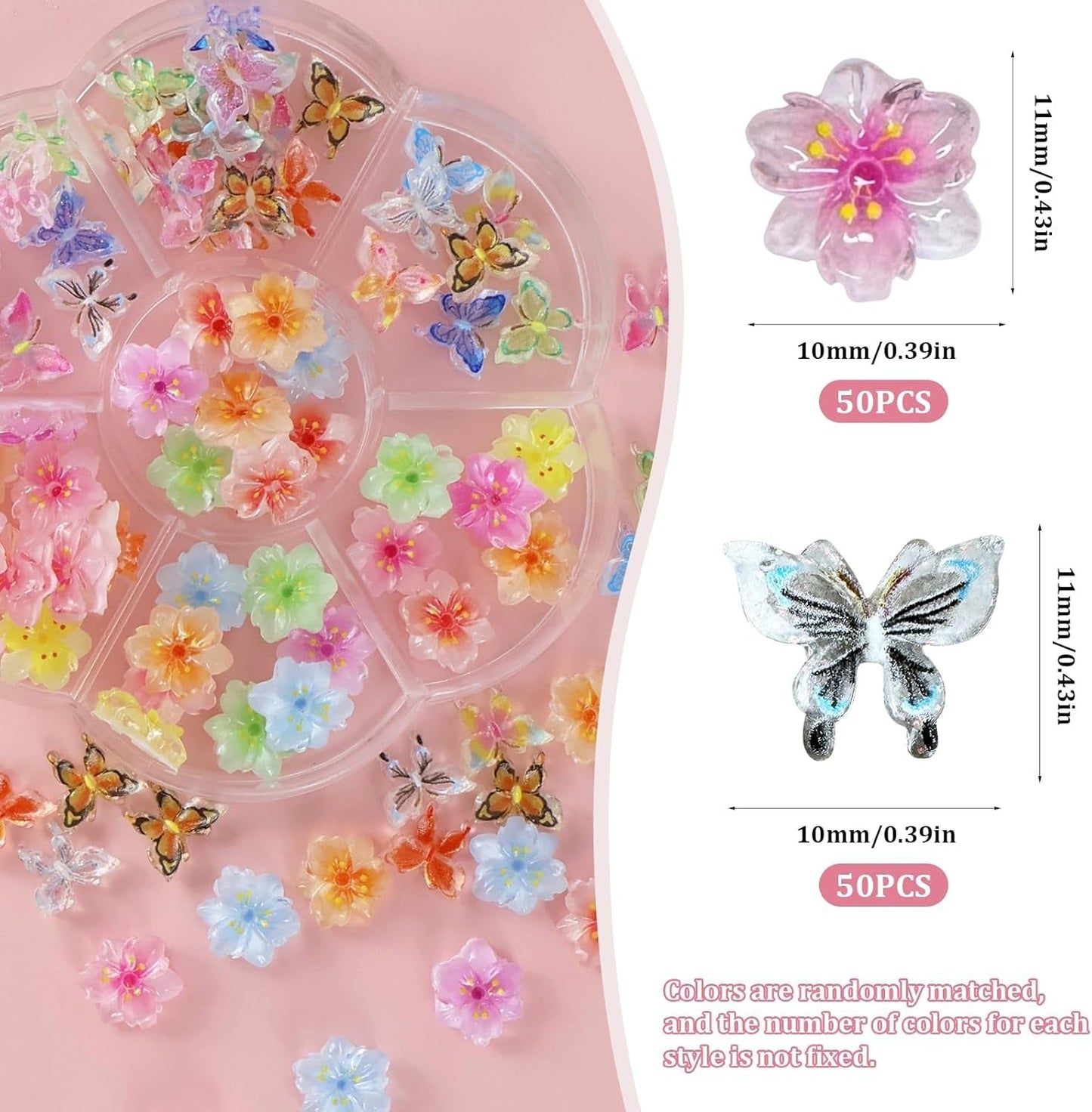 YICH Ciondoli per unghie Nägel Charms 50 pezzi fiori 3D + 50 pezzi 3D Schmetterling, Summer Nägel Deko Set Schmetterling/Fiori Nail Art Nail art