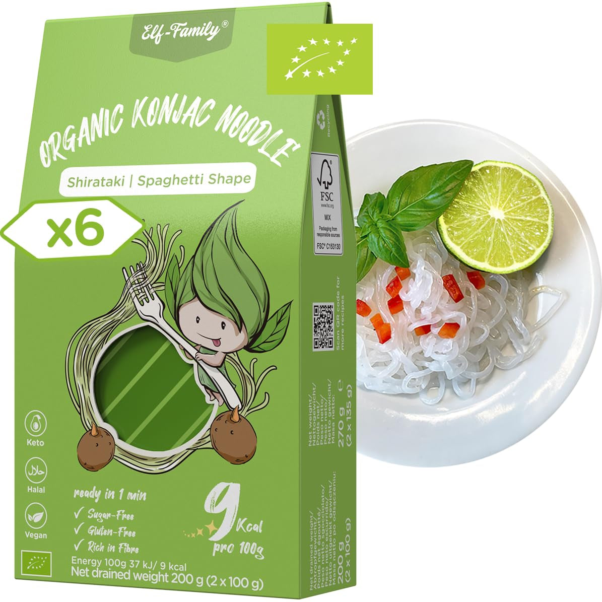 Elf-Family 270g x6er Box (confezione da 12) Bio Konjak Nudeln Ultra Low Carb Shirataki Nudeln Vegan Glutenfrei-Instant Nudeln ohne kohlenidrato/Keto/Kalorienarme/Fettfrei/Zuckerfrei -Spaghetti MHD: 12/11/2026