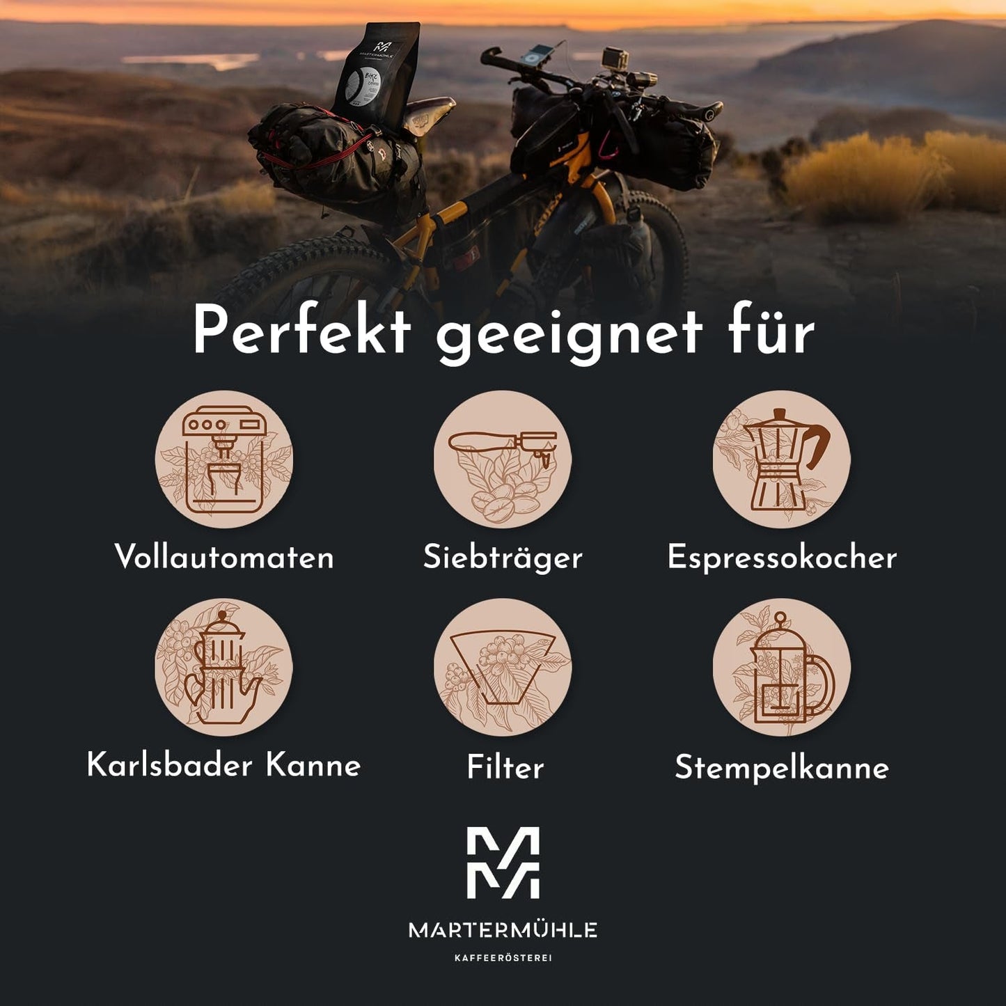 Chicchi di caffè espresso Martermühle Bike 500g Strong | Arabica/Robusta | Gusti: Noci di macadamia, cioccolato al latte | Chicchi di caffè espresso interi tostati leggermente, bassa acidità