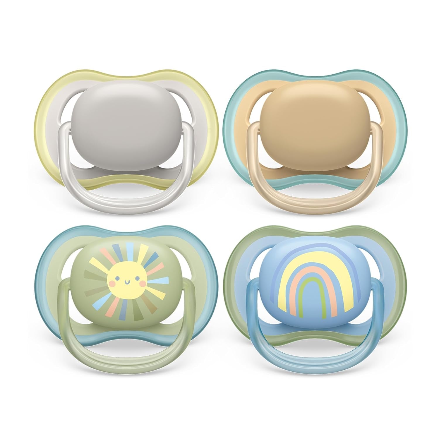 Succhietti Philips AVENT ultra air - confezione da 4 succhietti traspiranti senza BPA per bambini da 0 a 6 mesi, inclusa custodia per il trasporto e sterilizzazione, colore sole/arcobaleno (modello SCF085/65)