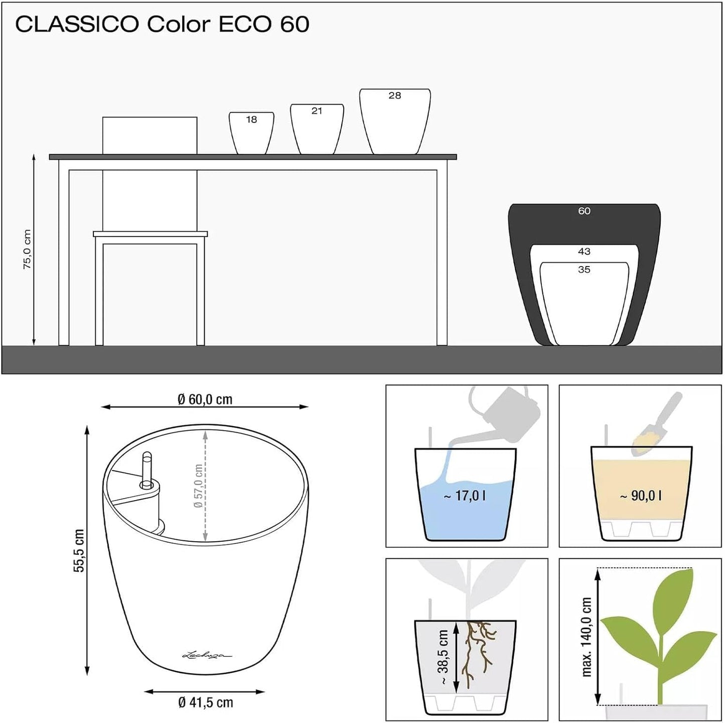 Fioriera LECHUZA Classico Colore ECO 60 Grigio Scuro | Fioriera con sistema di irrigazione e indicatore del livello dell'acqua | Realizzato in plastica riciclata al 100% | Finitura opaca | Ø 60 x 55,5 cm | 18955