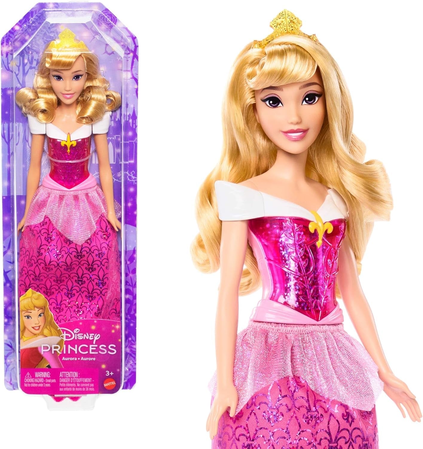 Mattel DISNEY Principessa Aurora - Bambola con abito iconico, scarpe e tiara staccabili, top scintillante e gonna fantasia staccabile, capelli lunghi per lo styling, HLW09