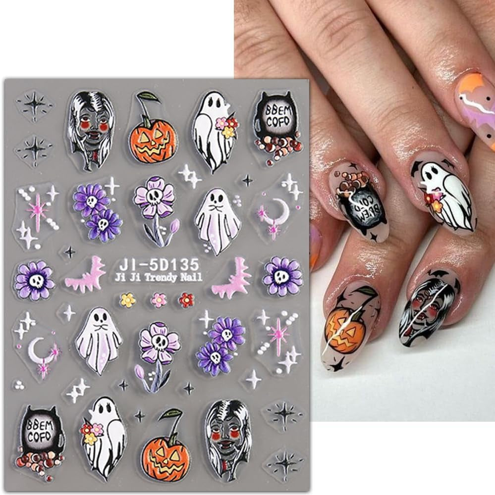 JMEOWIO 3D Nagelsticker Halloween Nail Art Sticker Self-klebend Nagelaufkleber 5D Stereoscopico Süßer Geisterkürbis Dekoration Nageldesign Zubehör 4 Blatt