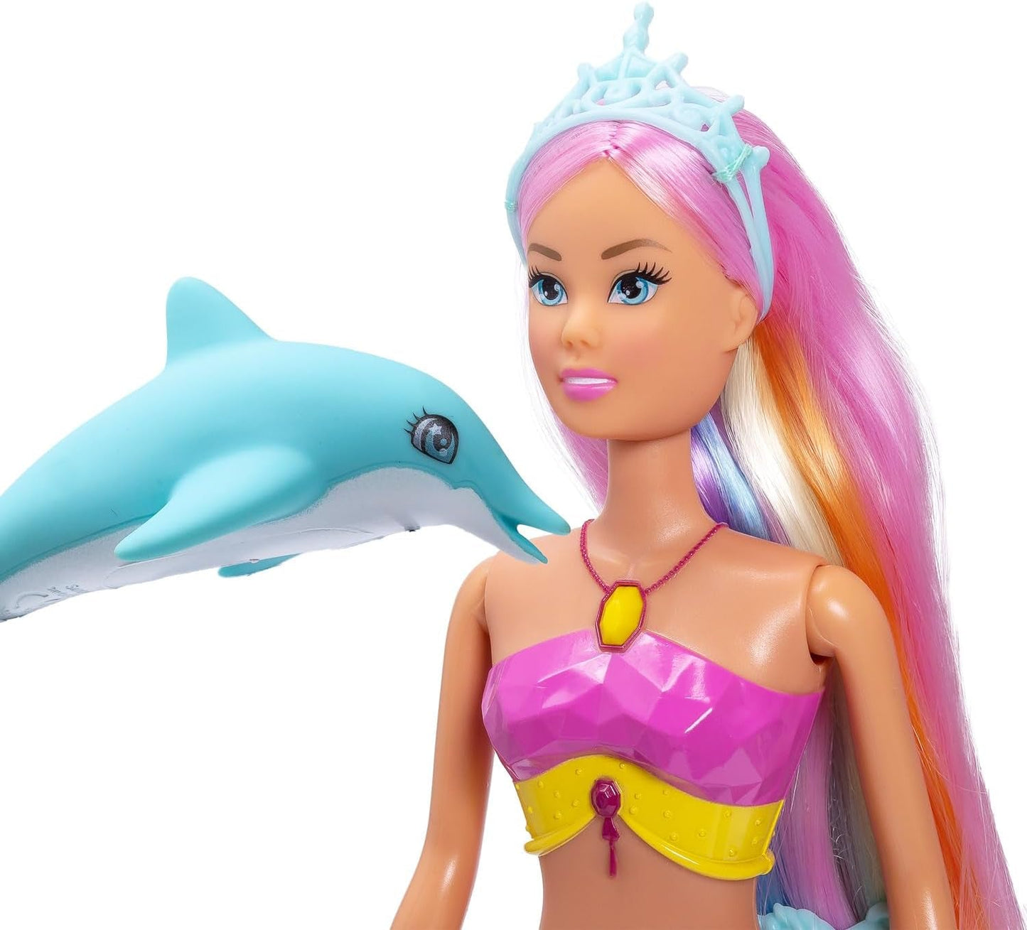Simba Steffi Love Sirena Sirena con Funzione Luce Arcobaleno, Capelli Extra Lunghi, Figura di Delfino e Fermagli per Capelli, Altezza 39 cm, Funzione Try-Me, dai 3 anni in su