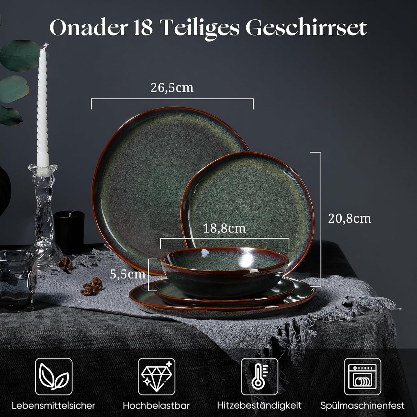 Set di stoviglie per 6 persone, set da portata in gres da 18 pezzi, ciotole per cereali rotonde irregolari, piatti da dessert, piatti piani, resistenti ai graffi adatti al microonde, verde muschio reattivo