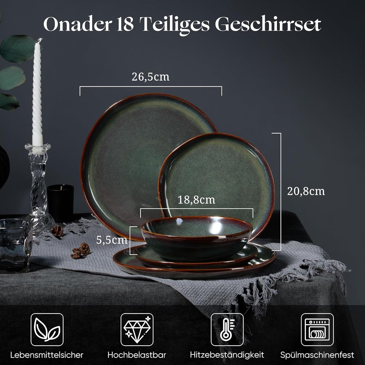 Set di stoviglie per 6 persone, set da portata in gres da 18 pezzi, ciotole per cereali rotonde irregolari, piatti da dessert, piatti piani, resistenti ai graffi adatti al microonde, verde muschio reattivo