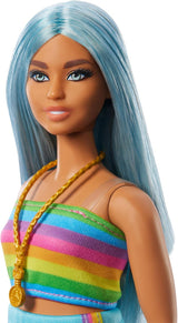 Bambola Barbie Fashionistas n. 218 con lunghi capelli blu, top arcobaleno e gonna turchese, bambola di moda da collezione per il 65° compleanno, HRH16 Naty Shop Dolls