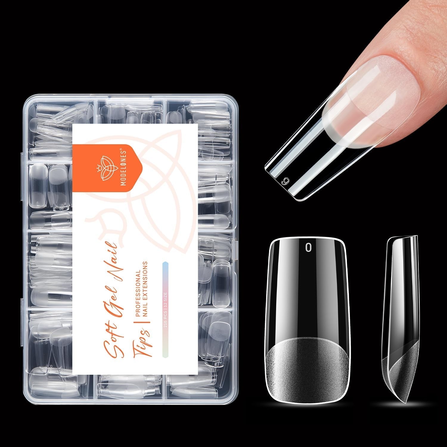 Modelones Nail Tips 216 pezzi - Set di punte per unghie a copertura totale, Set di punte in gel morbido, Punte per unghie in resina PMMA pre-lucidatura, Colla fai-da-te su unghie artificiali, Mandorle corte XS