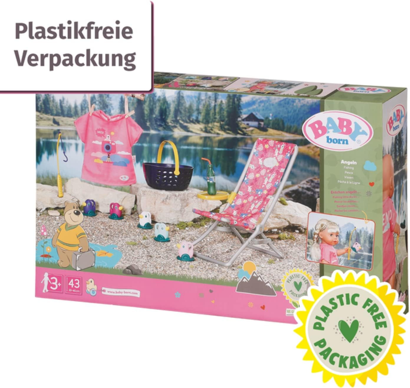 BABY Born 832790 Weekend Fishing - Set di accessori per bambola da pesca con lettino con stampa vivace, tavolino, bicchiere, cestino, anatroccoli e canna da pesca e maglietta lunga rosa, Rosa