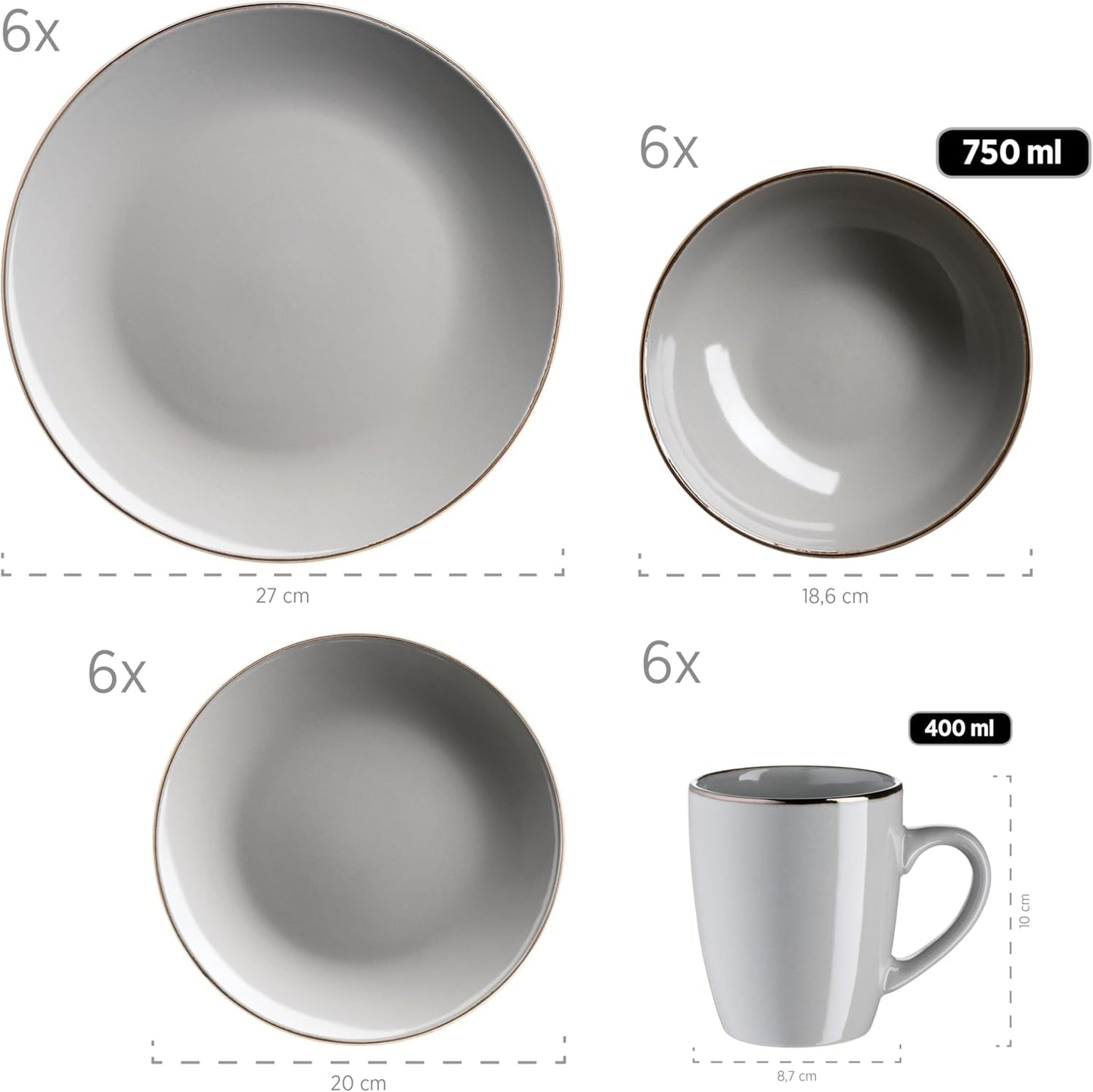 MÄSER Struttura in metallo, Set di stoviglie moderno per 6 persone con struttura color ottone, Servizio combinato da 24 pezzi con forme di tazze senza bordo, Gres, Grigio
