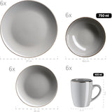 MÄSER Struttura in metallo, Set di stoviglie moderno per 6 persone con struttura color ottone, Servizio combinato da 24 pezzi con forme di tazze senza bordo, Gres, Grigio