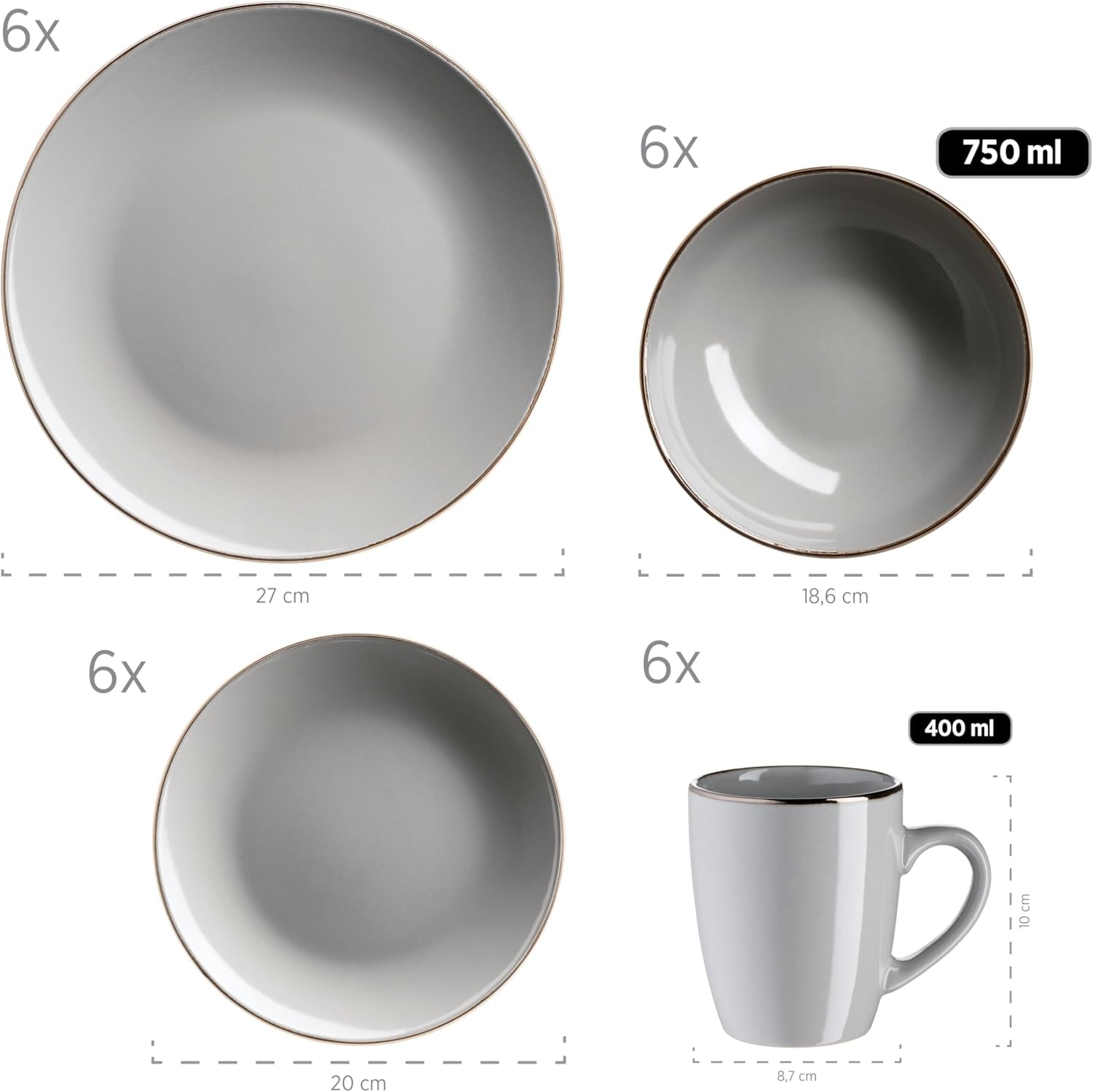 MÄSER Struttura in metallo, Set di stoviglie moderno per 6 persone con struttura color ottone, Servizio combinato da 24 pezzi con forme di tazze senza bordo, Gres, Grigio