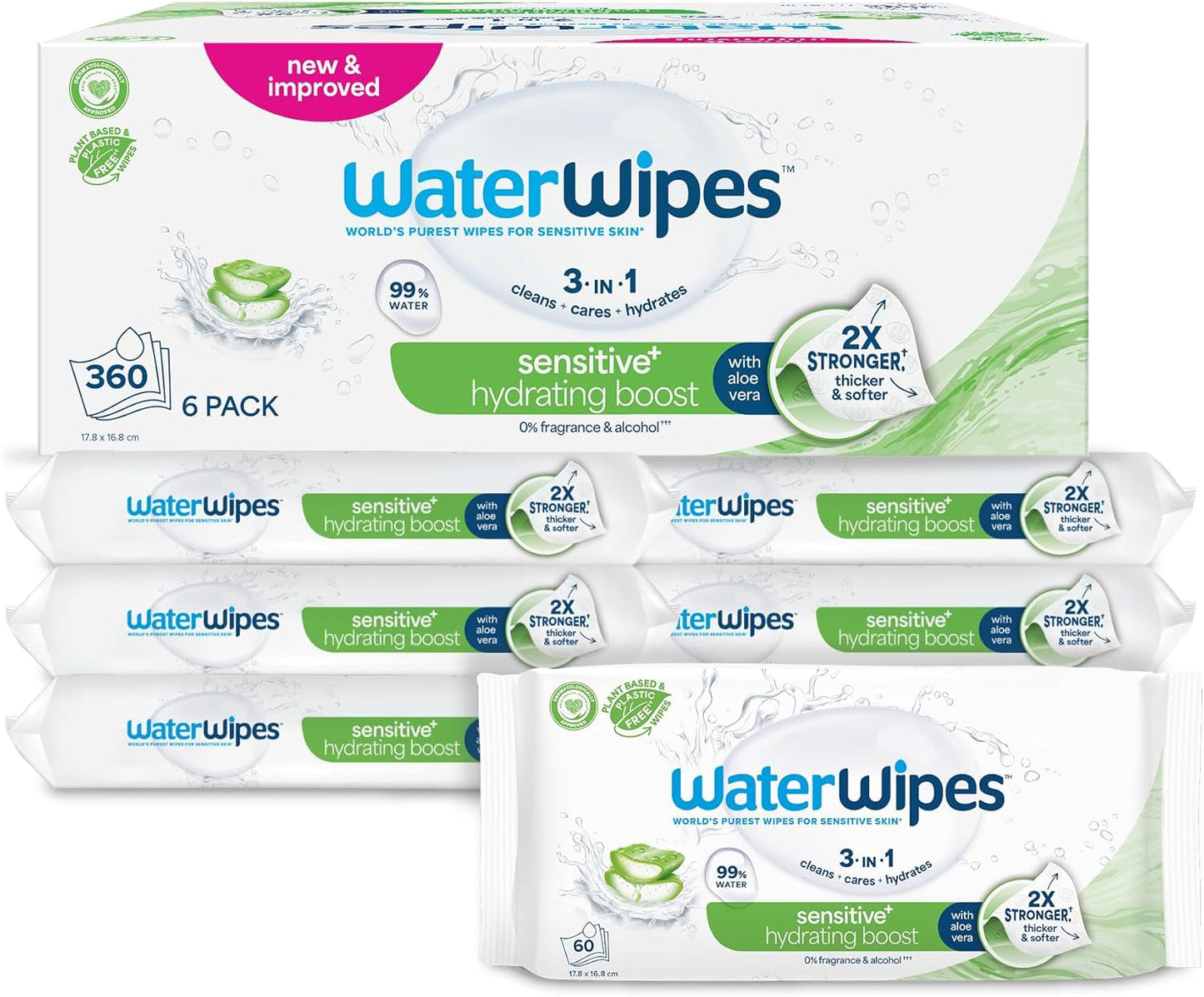 Salviette umidificate WaterWipes Sensitive+ Hydrating Boost, salviette idratanti, 720 unità (confezione da 12), 3 in 1 per pulire, curare, idratare, acqua di aloe vera al 99%, salviette per neonati senza profumazione