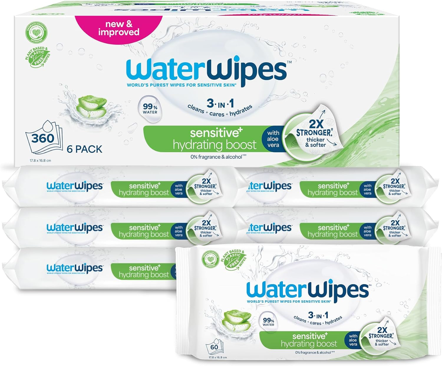 Salviette umidificate WaterWipes Sensitive+ Hydrating Boost, salviette idratanti, 720 unità (confezione da 12), 3 in 1 per pulire, curare, idratare, acqua di aloe vera al 99%, salviette per neonati senza profumazione