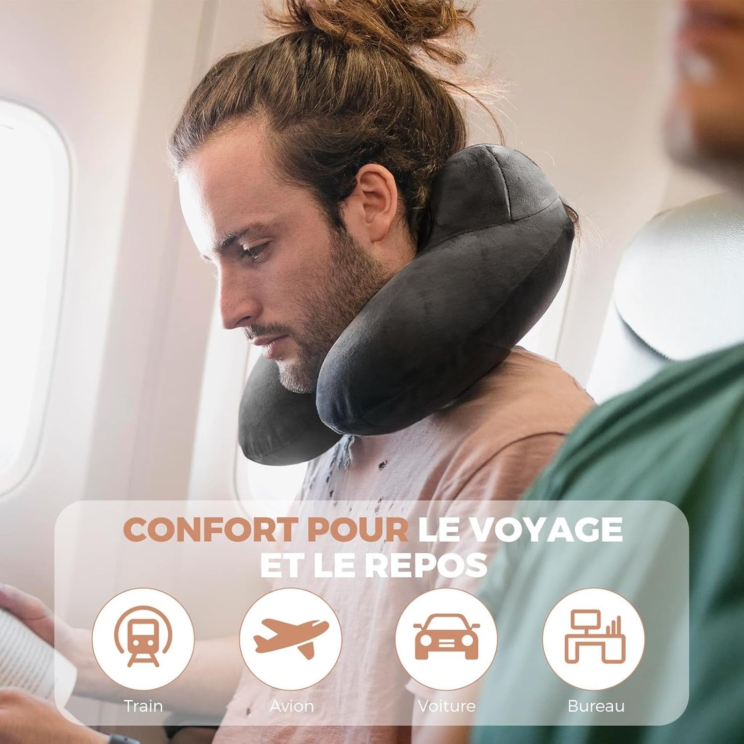Cuscino da viaggio gonfiabile, cuscino da viaggio con maschera per dormire + tappi per le orecchie + borsa per il trasporto, super leggero e portatile, ideale per aereo, auto, casa, ufficio, cuscini da viaggio neri Naty Shop