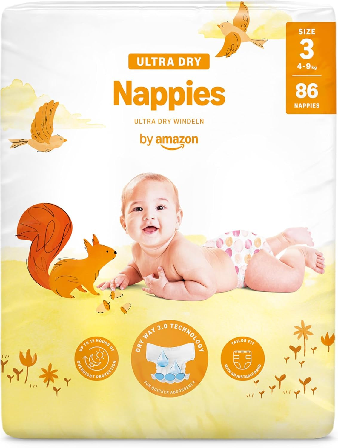 Pannolini Amazon Ultra Dry, taglia 1 (2-5 kg) - Scatola mensile, bianco, 96 pezzi (2 confezioni da 48) (ex marchio Mama Bear, prodotto identico)