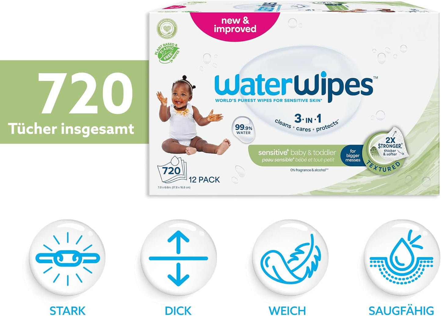 Salviettine umidificate WaterWipes Sensitive+ per neonati e bambini piccoli, 720 pezzi (confezione da 12), pulizia 3 in 1, cura, protezione, 99,9% acqua, detergente strutturato, senza profumo