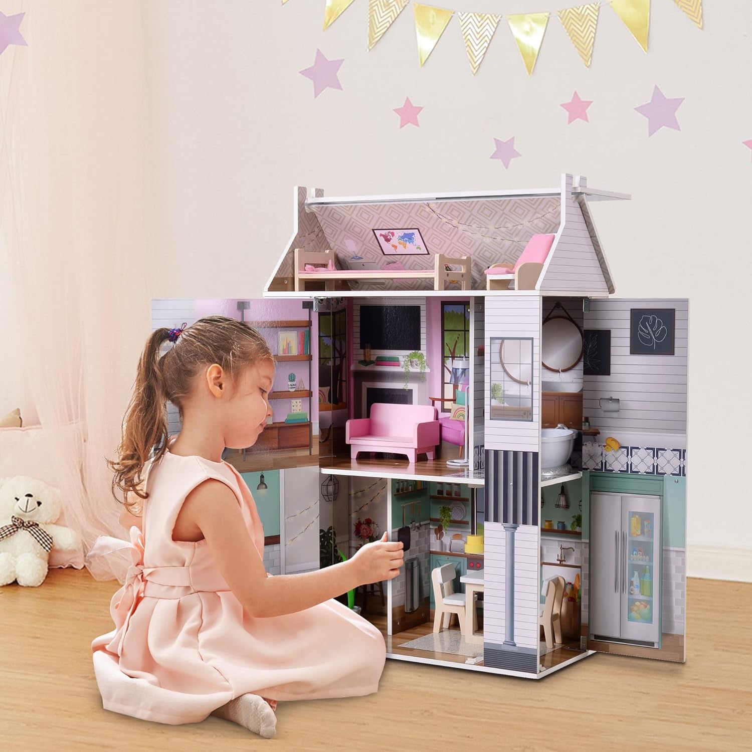 Olivia's Little World Dreamland Casa delle bambole interattiva in legno a 3 livelli con 13 accessori per mobili per bambole Bianco TD-13632A