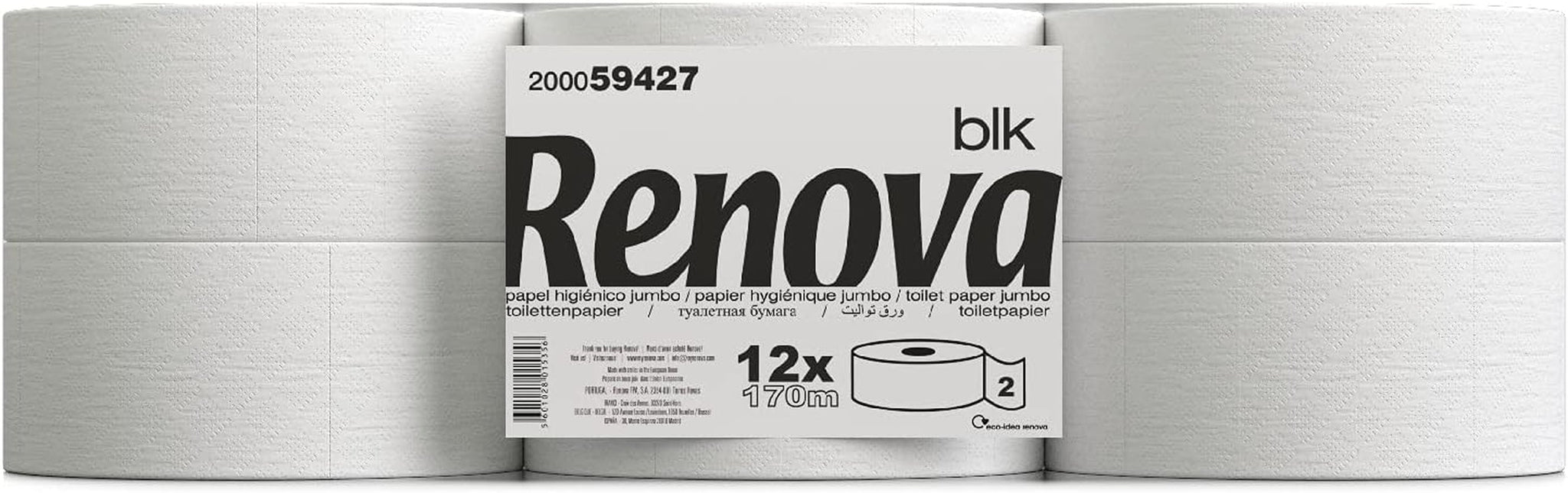 Carta igienica Renova Jumbo BLK, 12 rotoli da 170 M, carta bianca, 2 strati