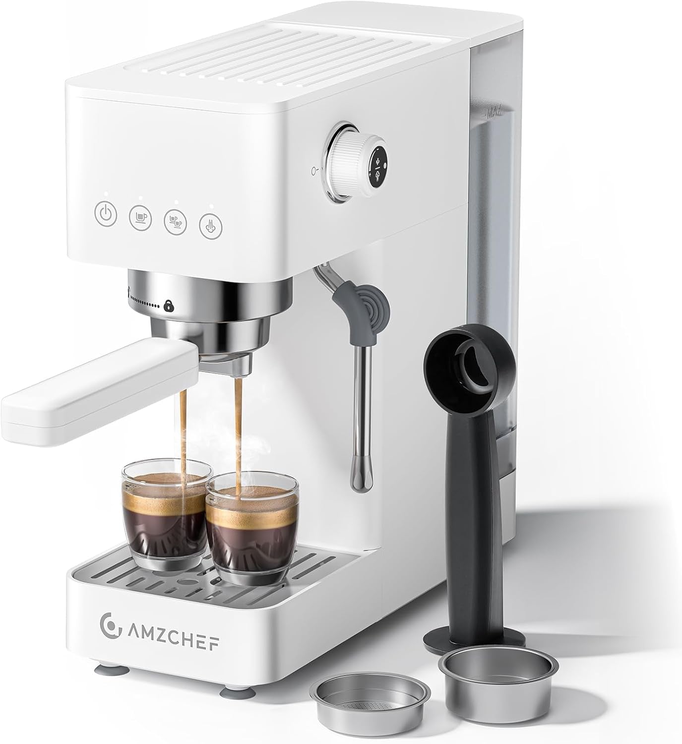 Macchina per caffè espresso AMZCHEF da 20 bar, display LED, montalatte professionale e lancia vapore in acciaio inossidabile, serbatoio rimovibile da 1,5 l, riscaldamento rapido 1350 W, bianco