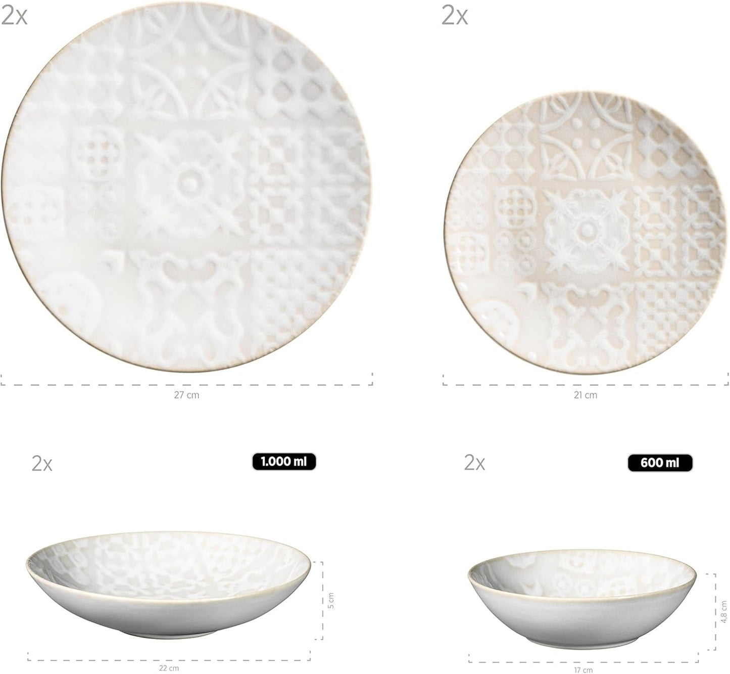 MÄSER 935079 Servizio da tavola moderno vintage per 2, design moresco, servizio da tavola da 8 pezzi, piatti e ciotole in ceramica di alta qualità, gres, bianco