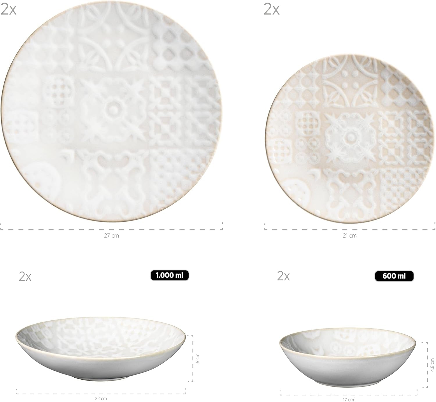 MÄSER 935079 Servizio da tavola moderno vintage per 2, design moresco, servizio da tavola da 8 pezzi, piatti e ciotole in ceramica di alta qualità, gres, bianco