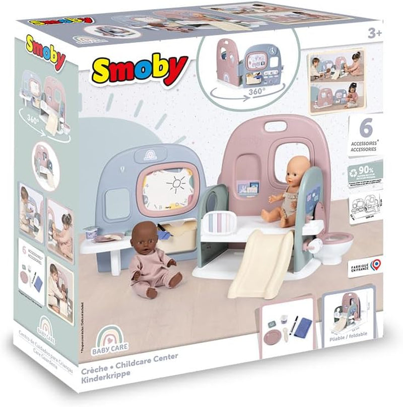 Smoby - Baby care Cameretta per bambole - Centro giochi per bambole Cameretta + Asilo Vita quotidiana - Area di gioco pieghevole con rotazione di 360° - 6 accessori - Realizzato con materiale riciclato al 90% in Francia, da 3 anni