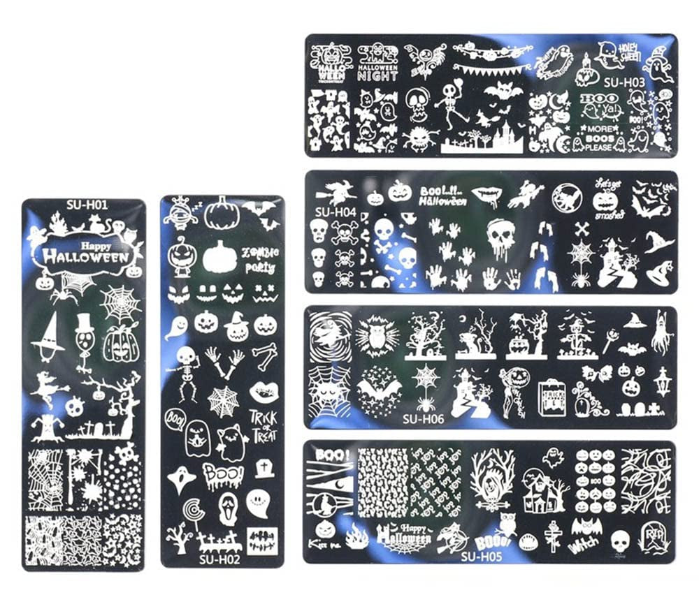 JMEOWIO Nail Stamping Stencil Halloween 6 pezzi Nagelstempel Stencil Nail Art Dekoration Nageldesign Zubehör Böse Gruselige Kürbis-Geisterhexe