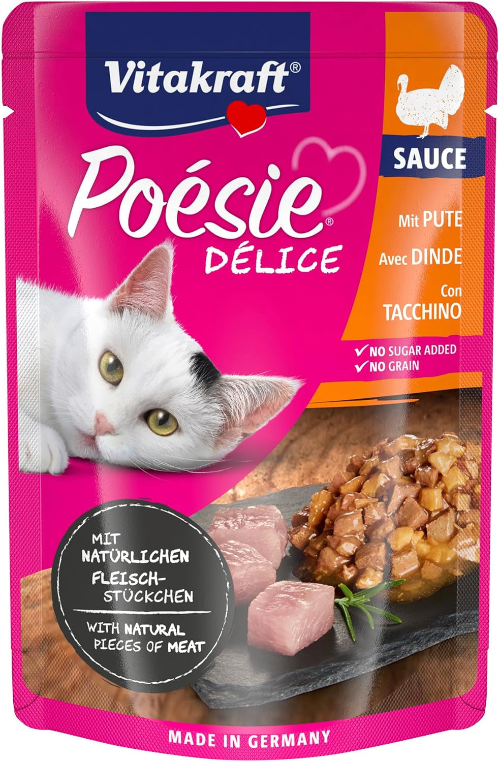Vitakraft Poésie Délice, cibo umido per gatti, cibo per gatti in salsa, con tacchino, confezione sfusa, senza zuccheri o cereali aggiunti (23 x 85 g)