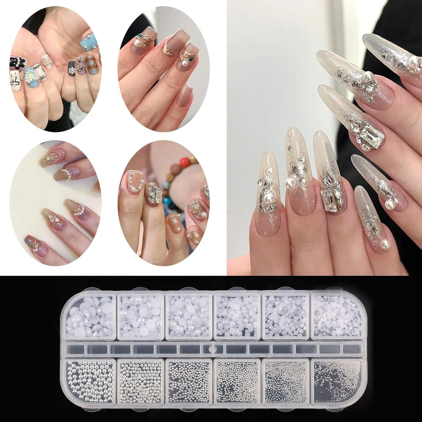 Nail Art Strasssteine ​​​​1 Schachtel, Nail Charms, 12 Typen Weiße Perlen Für Nägel, Flatback Strass, Klein Edelstahl-Perlen, Nagel Deko, Nagel Zubehör