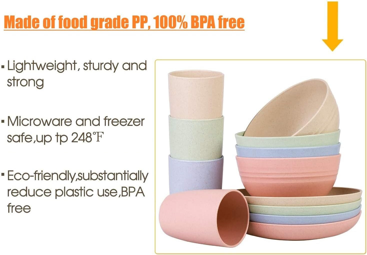 Set di posate in plastica da campeggio per 4 persone, riutilizzabili, indistruttibili, piatti, tazze, ciotole e posate leggere, ecologiche, riutilizzabili, adatte al microonde e alla lavastoviglie