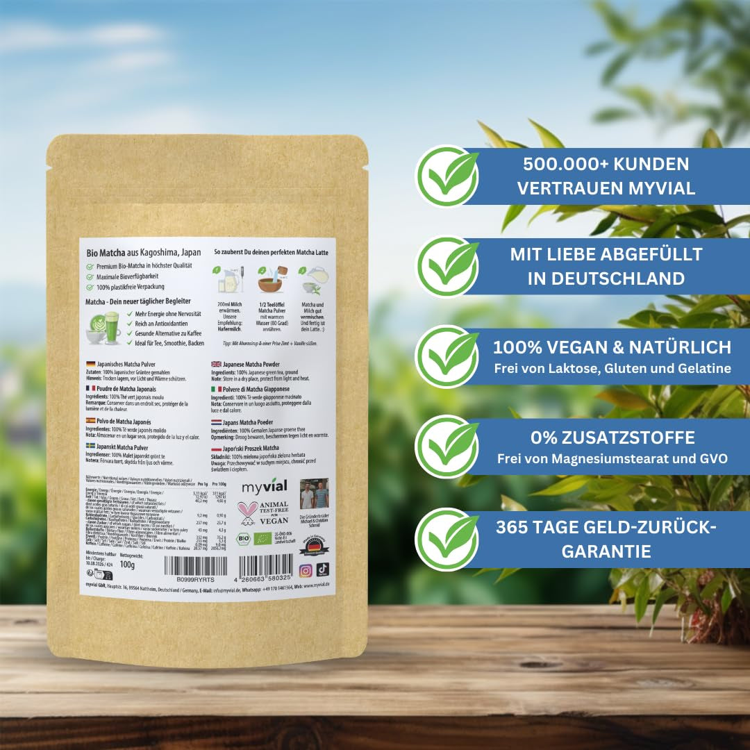 Tè Matcha biologico in polvere premium 100g Tè verde di altissima qualità dal Giappone Kagoshima - Perfetto per frullati Matcha Latte Tè verde giapponese Vegano senza additivi Confezione senza plastica