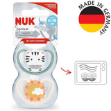 Ciuccio NUK Space per bambini 6-18 mesi, aperture extra grandi per pelli sensibili, silicone senza BPA, motivo zebrato, confezione da 2
