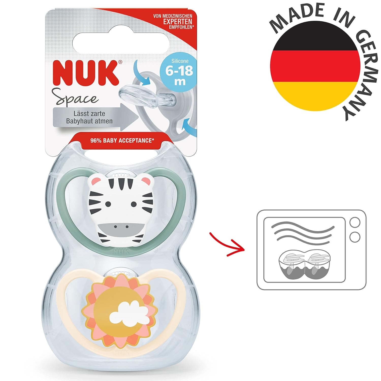 Ciuccio NUK Space per bambini 6-18 mesi, aperture extra grandi per pelli sensibili, silicone senza BPA, motivo zebrato, confezione da 2