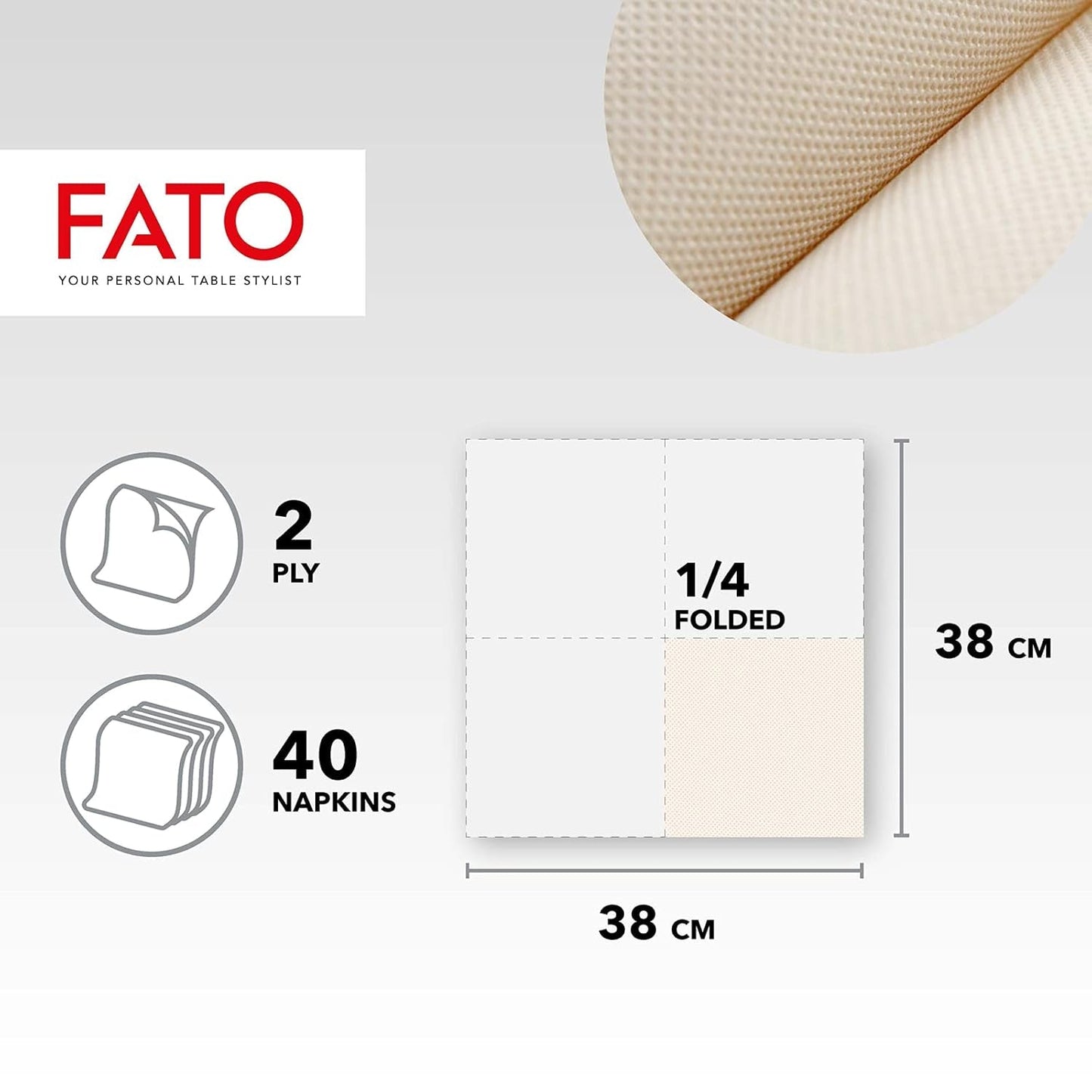 Fato - Tovaglioli di carta usa e getta 4 pieghe naturali, ecologici, confezione da 40, formato 38X38, 2 veli, carta riciclata al 100%