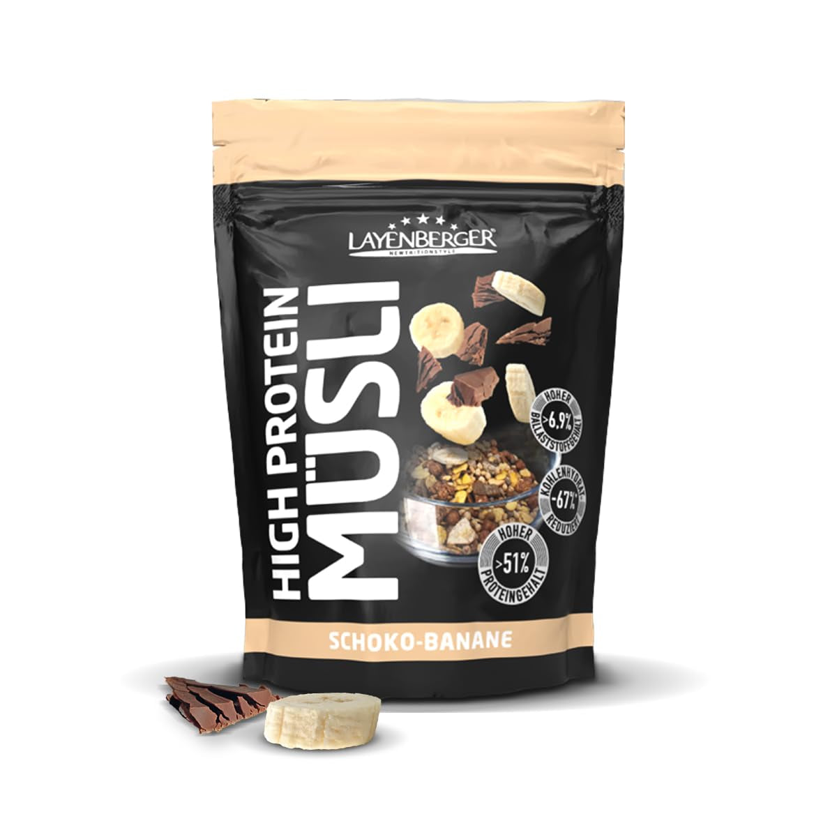 Layenberger Müsli ad alto contenuto proteico 3K, 50% Eiweiß e 18% Kohlenidrato - Confezione singola (1X 390 G) - Schoko-Nuss Cereale Naty Shop 390 G (1Er Pack) Schoko-Banana