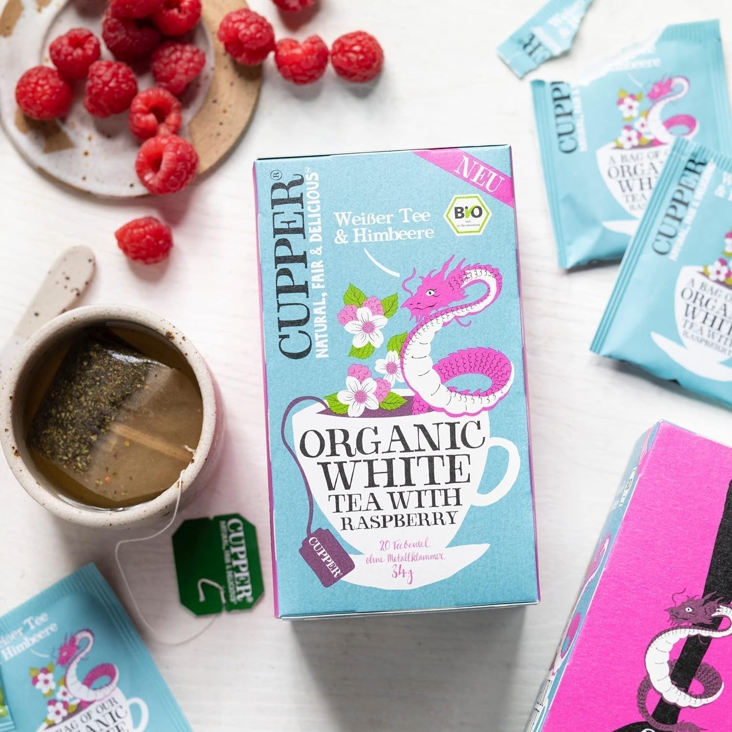 Cupper Tè Bianco Biologico, Lampone, 20 Bustine, 34g (Confezione da 4)