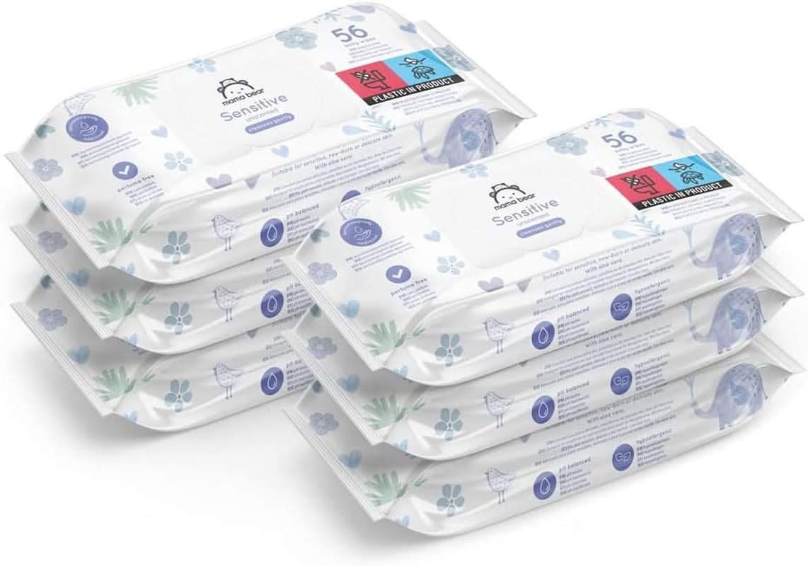 Naty Shop Mama Bear Sensitive Salviette per neonati senza profumo, 56 unità (confezione da 6)