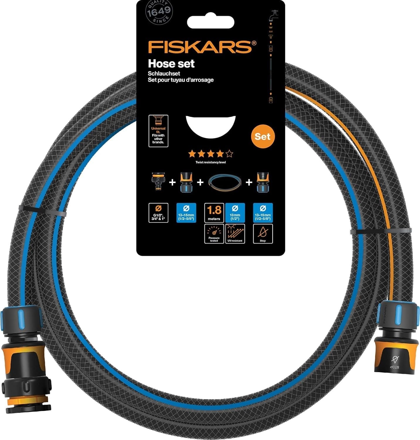 Fiskars Set di tubi dell'acqua per ruota idraulica con 2 connettori per tubo e connettore per rubinetto, misura universale, livello di rigidità torsionale 4 (di 5), 1,8 m, Ø1,3-1,5 cm (1/2-5/8"), Nero/Arancione/Blu, 1057621