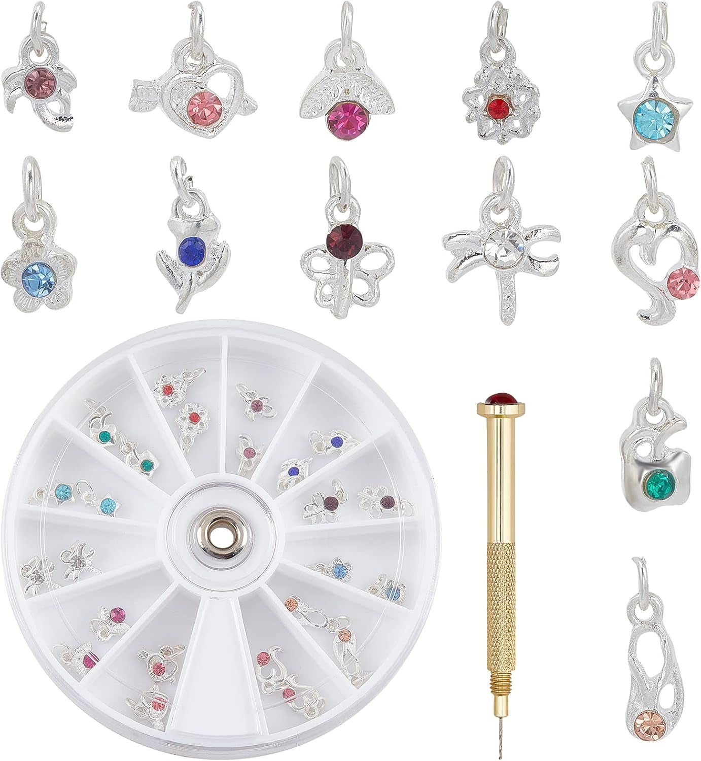 OLYCRAFT 24 Pezzi Anello per Nagelschmuck Ciondola Nail Art Accessori con Strumento per piercing al Nagel Bohrer Manueller Bohrer Aus Legierung per Tips, Acrilico, Gel e Decorazioni