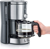 Macchina per caffè espresso SEVERIN "TypeSwitch" con caraffa in vetro e timer, AromaSwitch per scegliere 2 opzioni di erogazione, orologio digitale con funzione timer, per un massimo di 10 tazze, 1000 W, acciaio inossidabile spazzolato-nero, KA 4826