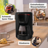 Bosch MyMoment TKA2M113 Macchina per caffè espresso con filtro, caraffa in vetro da 1,25 l, 10-15 tazze, funzione di mantenimento in caldo 40 minuti, sistema antigoccia, portafiltro girevole, serbatoio dell'acqua removibile, 1200 Watt, nero opaco