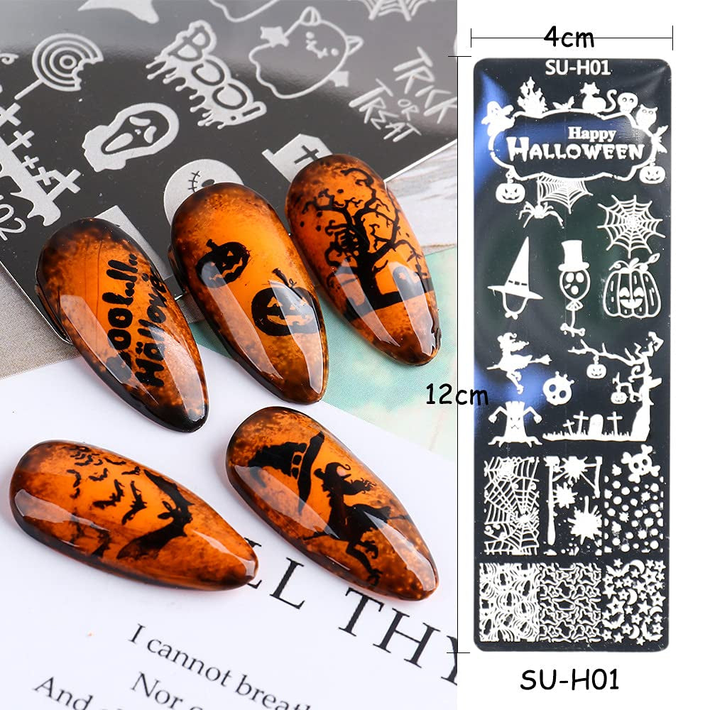 JMEOWIO Nail Stamping Stencil Halloween 6 pezzi Nagelstempel Stencil Nail Art Dekoration Nageldesign Zubehör Böse Gruselige Kürbis-Geisterhexe