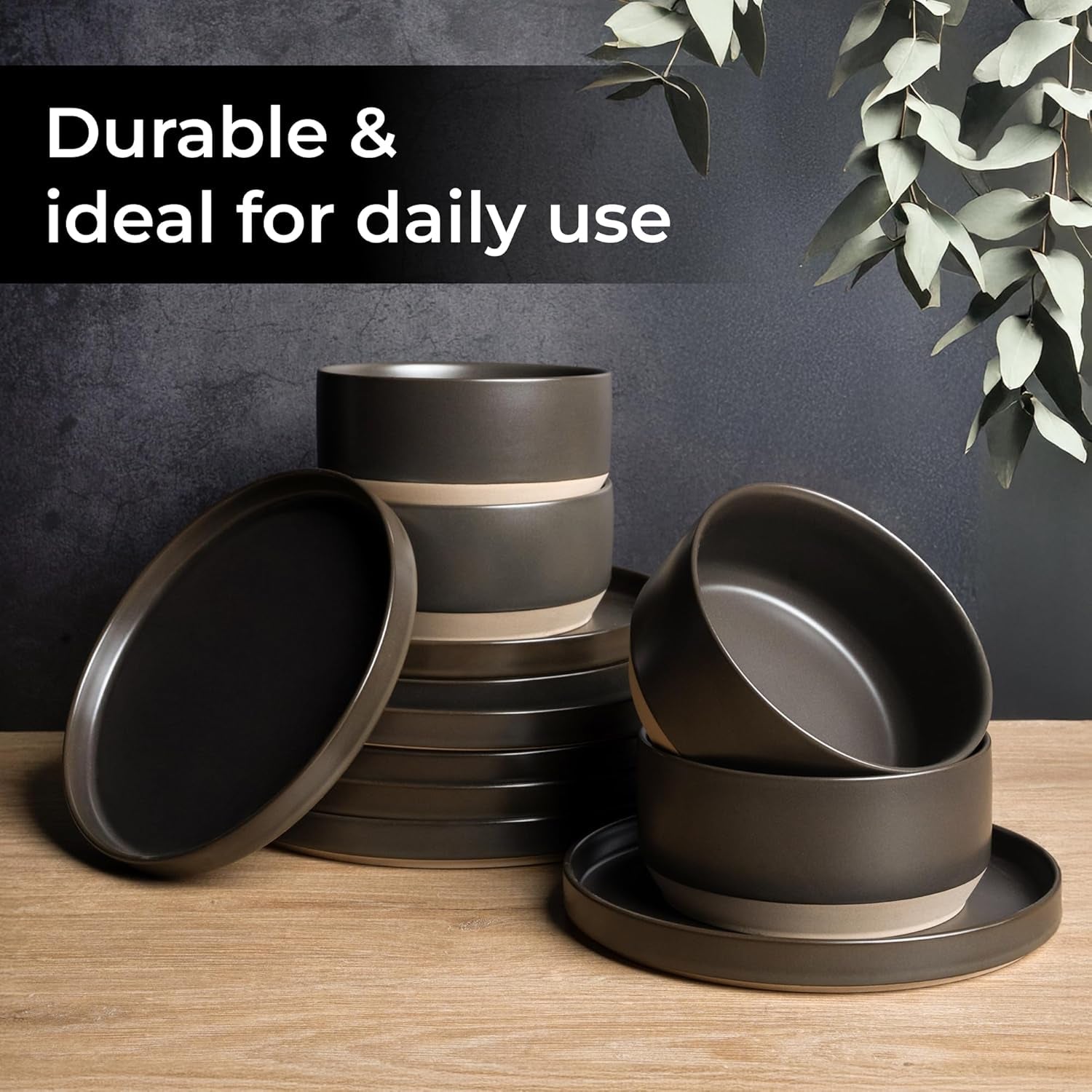 MIAMIO - Set di piatti per 4 persone / Set di stoviglie in ceramica per 4 persone, stoviglie in gres adatte alla lavastoviglie e al microonde - Collezione Sierra (Piatti scuri, Piatti grandi (4x))